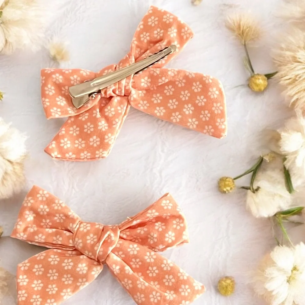 Peachy floral print hand tied hair bows Set